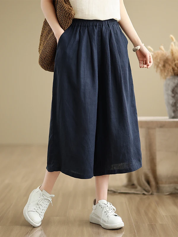Cotton Linen Wide Leg Pants Women's Summer Simple Match Loose Slim Elastic High Waist Straight Thin Casual Pants