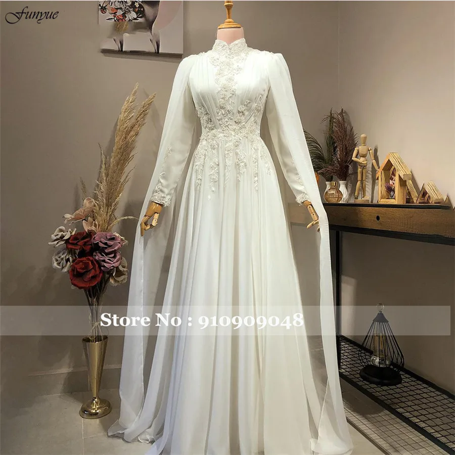 Funyue Elegant Long Sleeve Muslim Wedding Dress for Bride High Neck Islamic Hijab Bridal Gowns with Cape Arabic Robe De Mariée