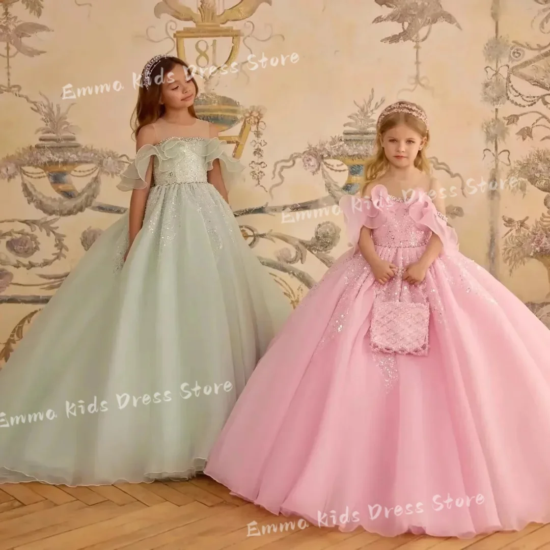 

Custom Pink Girls' Dress Luxury Tulle Sequin Puffy Dress Wedding First Communion Party Children's Princess Dress