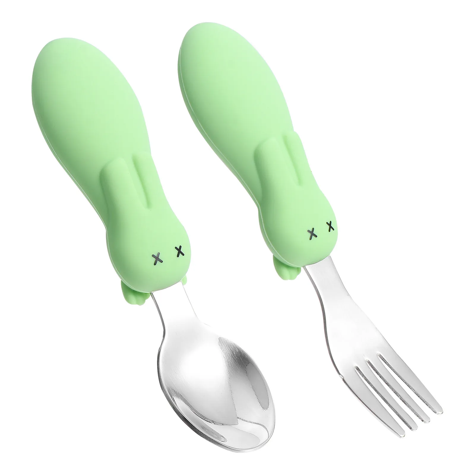 

Детская ложка для кормления с короткой ручкой в виде мультяшного кролика, зеленая, из нержавеющей стали, для обучения самостоятельному приему пищи, прочная, антикоррозийная, детская посуда