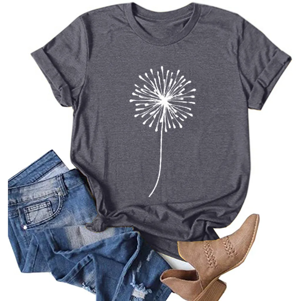 Summer Women Grey Short Sleeve T-Shirts Sexy Elegant Lady Basic Tees Top All Match Slim Clothes Dandelion Print O-Neck T Shirt