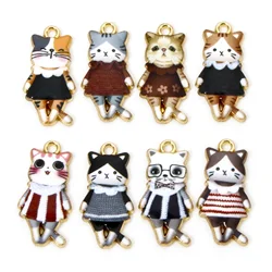 10pcs Cute Cat Enamel Charms Zinc Based Alloy Charms Gold Plated Multicolor Cat Animal Skirt Pendants DIY Necklace 25mm X 12mm
