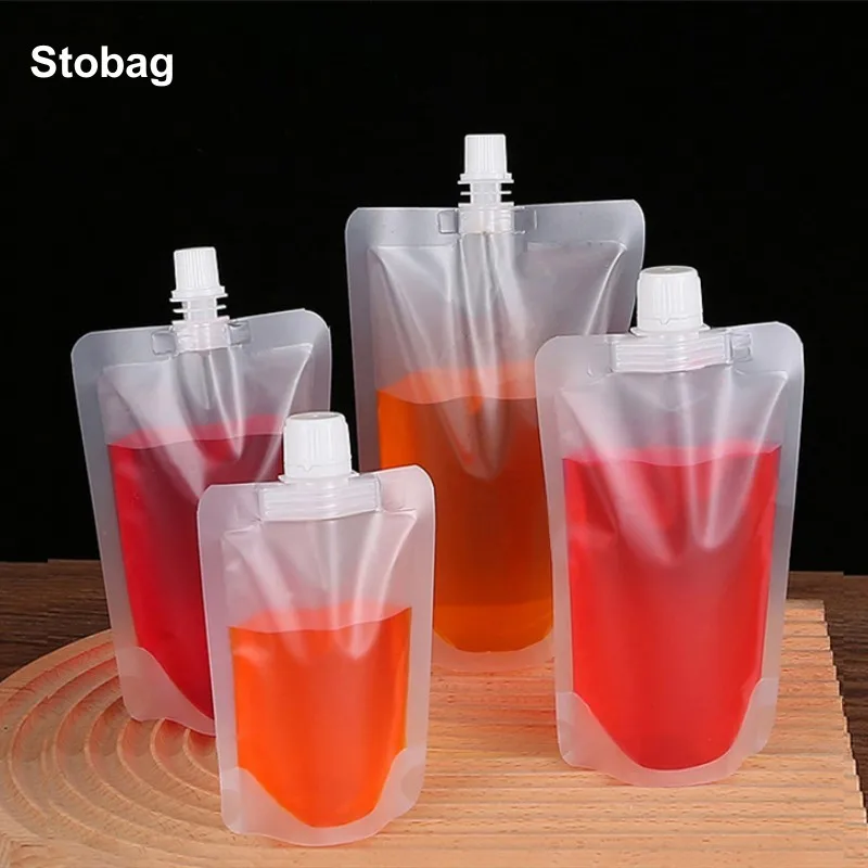 StoBag 100pcs Matte Frosted Liquid Packaging Drinking Nozzle Bags Clear Milk Juice Beverage Sealed Storage Reusable Pouches