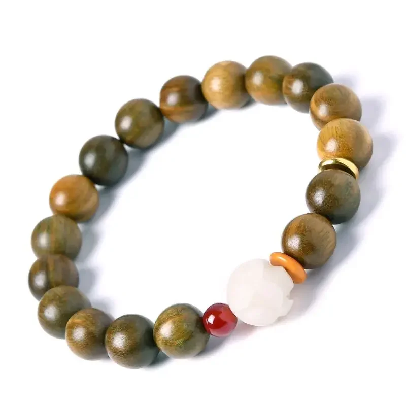 Natural green sandalwood, white jade, bodhi root, lotus carving bracelet, female hand twisting beads and rosary bracelet