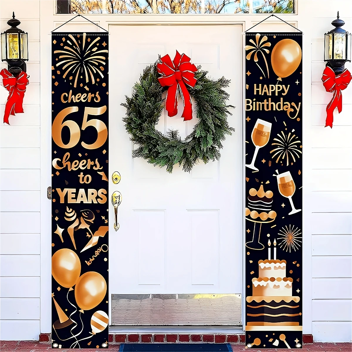 Deux bannières pour le 65e anniversaire de la marque « Joy », de couleur noire et violette, avec motifs de ballons champagne.