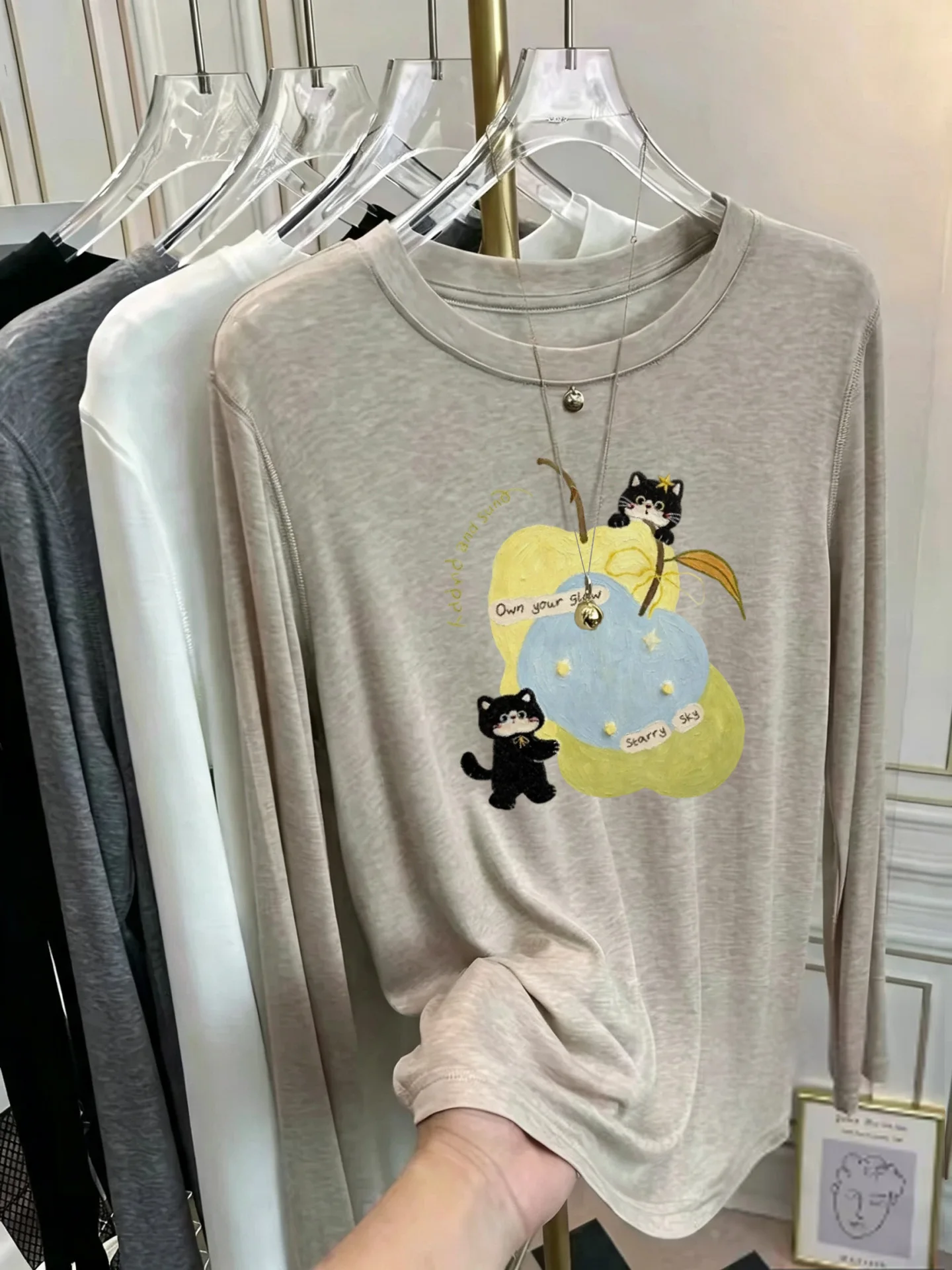 Korean Style Women's Long Sleeve T-Shirt Soft Sunscreen Print Thin Mask Base Shirt Early Autumn Fashionable Cotton Tee