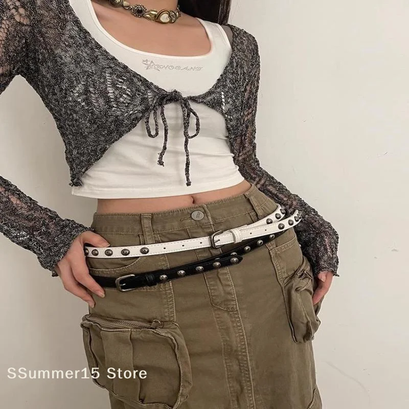 【R】Women's American Vintage Belt Casual Rivet Thin Leather Belt Punk Style Metal Rock Unique Versatile Belt Accessories