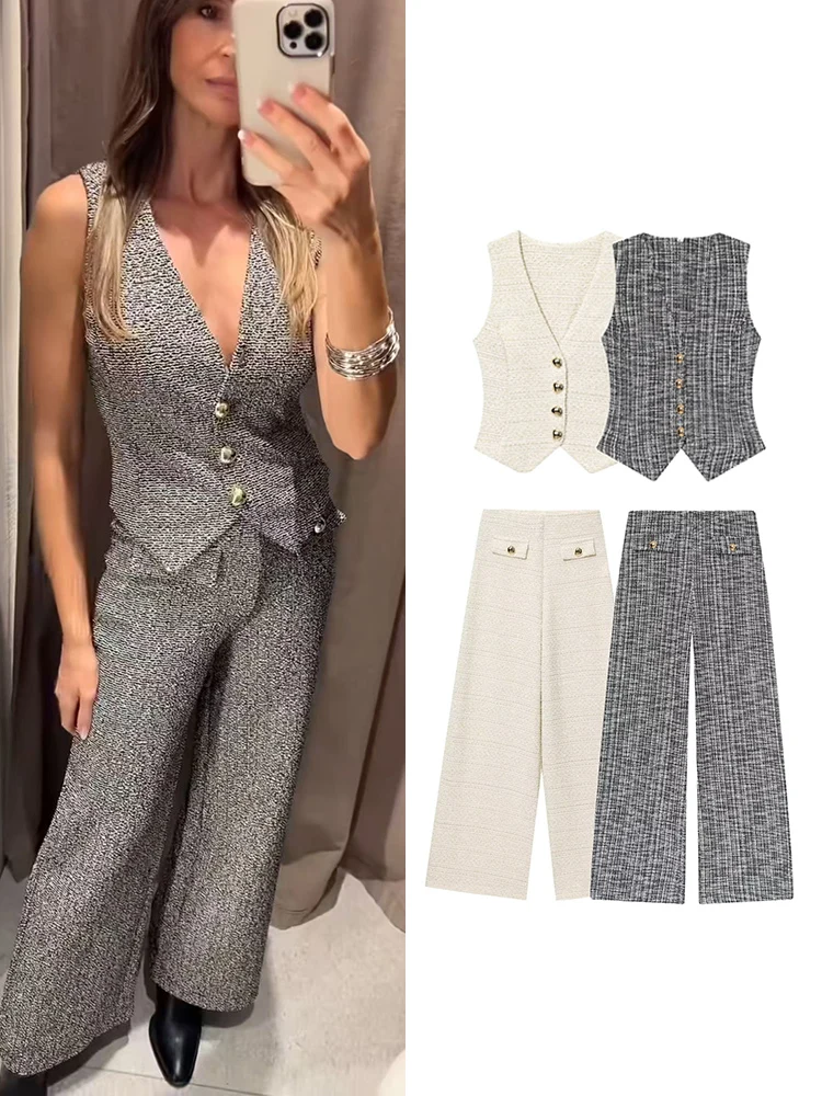 

Весенний новый женский жилет и брюки, комплект из двух предметов, широкий брючный костюм, офисный женский жилет на пуговицах, топ, прямые брюки, модный комплект