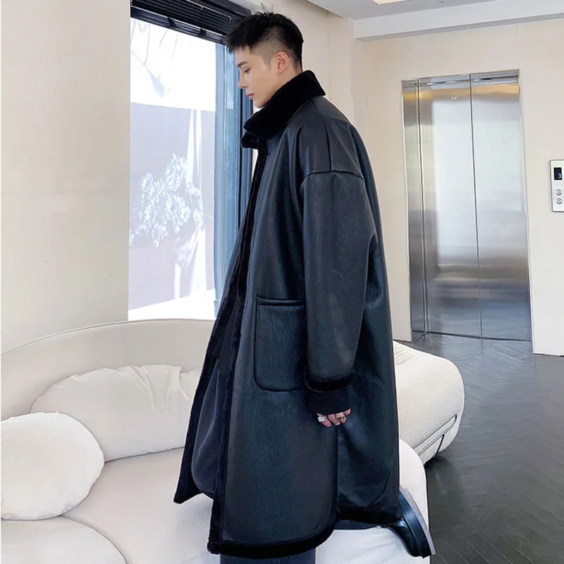 High Menswear Quality Fur Lining PU Leather Long Coat Men's New Loose Stand Collar Thickened Warm Plush Black Jackets