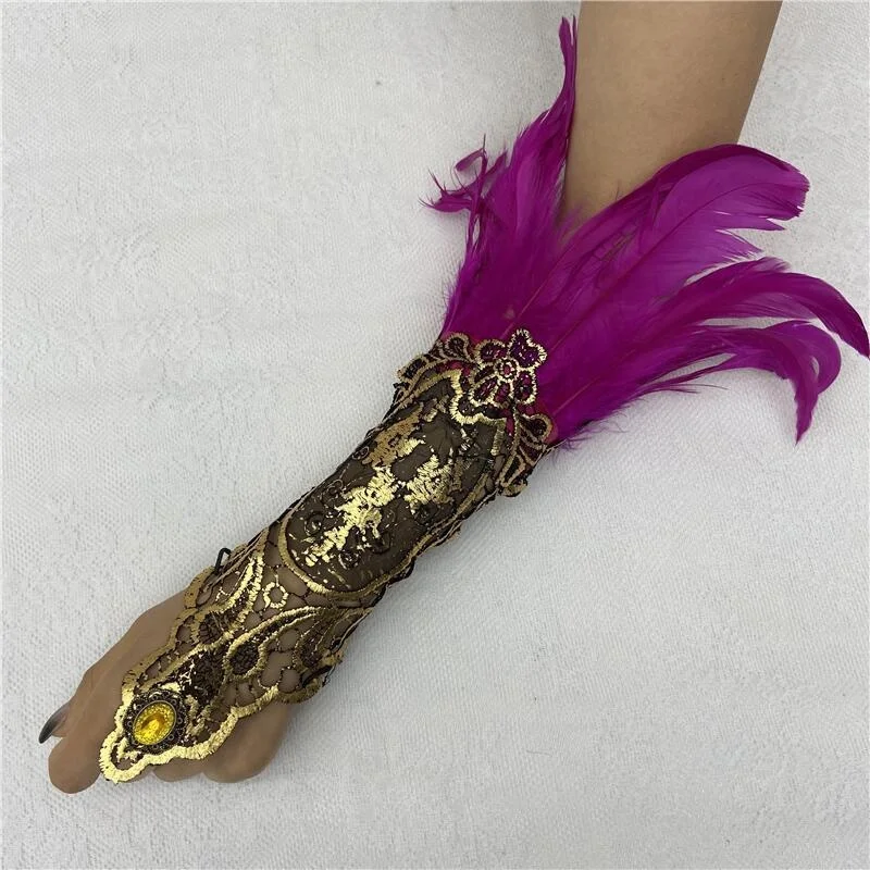 Lace Gloves Women Y2k Feather Rave Accessories Lolita Halloween Brass Knuckles Cosplay Cuffs Fingerless Black Long Mesh Feather