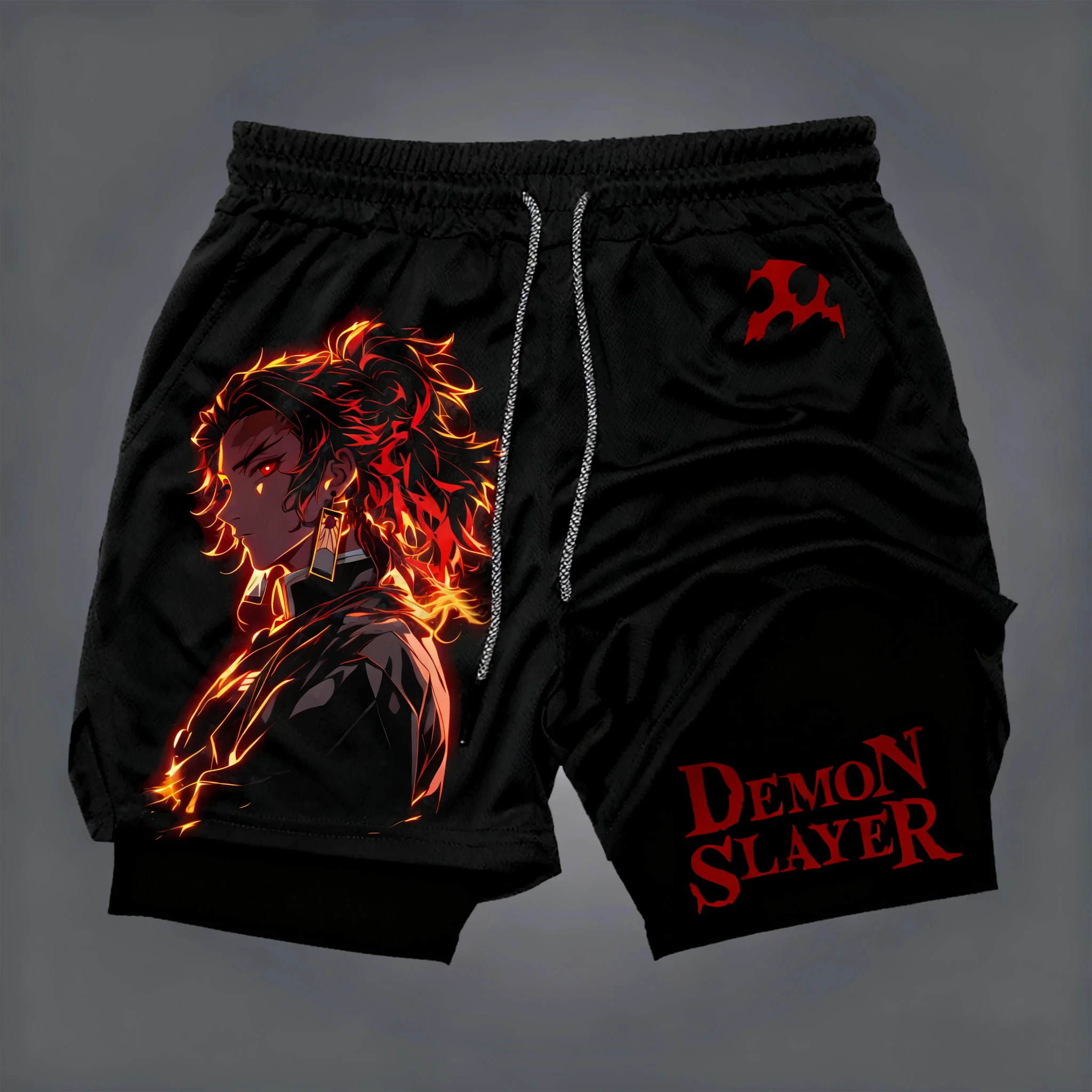 Celana Pendek Berlapis Ganda Motif Anime Demon Slayer, Celana Pendek Longgar dan Modis untuk Pria dan Wanita untuk Kebugaran Musim Panas ala Amerika