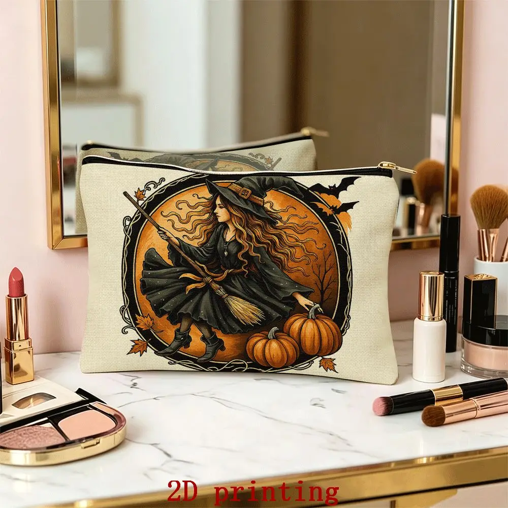 Portable Makeup Bag Witch Pumpkin Pattern Design Halloween Theme Zipper Closure Cosmetic Storage Wallet Suitable for Gifting