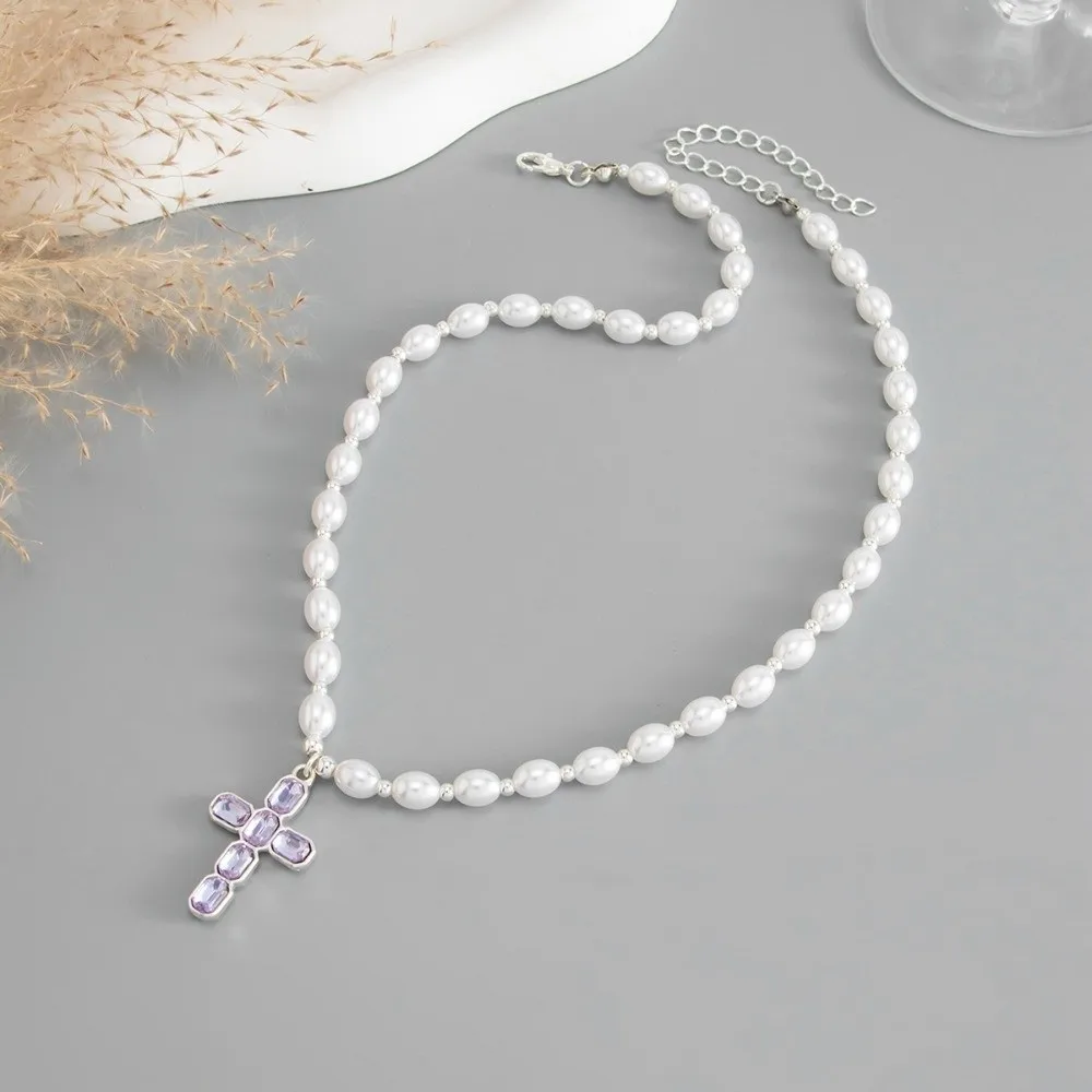 New Cross Pendant Pendant Pearl Bead Blue Crystal Cross Charm Silver Tone Ins Style Neck Collar Party Match