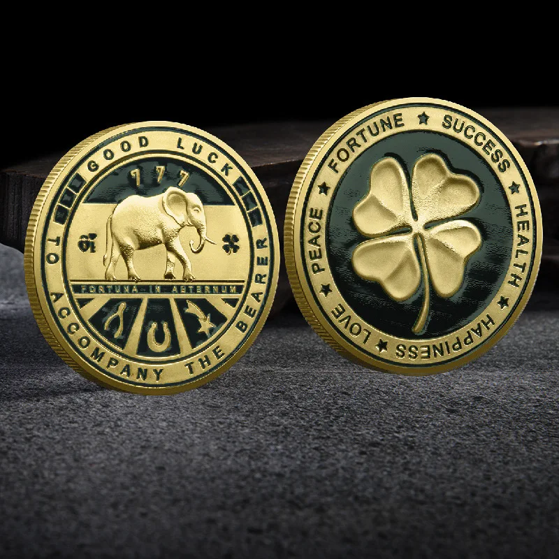 Four-leaf Clover Commemorative Coin Elephant Souvenir Pin 3D Relief Painted Metal Craft Making