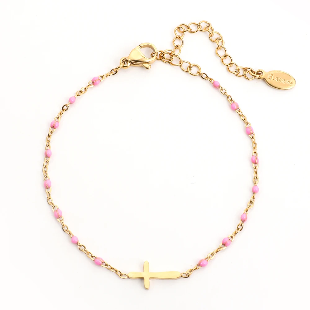 ZMZY Girls Boho Thin Chain Stainless Steel Bracelets For Women Gold Color Peach Pink Cross Charm Beautiful Gift