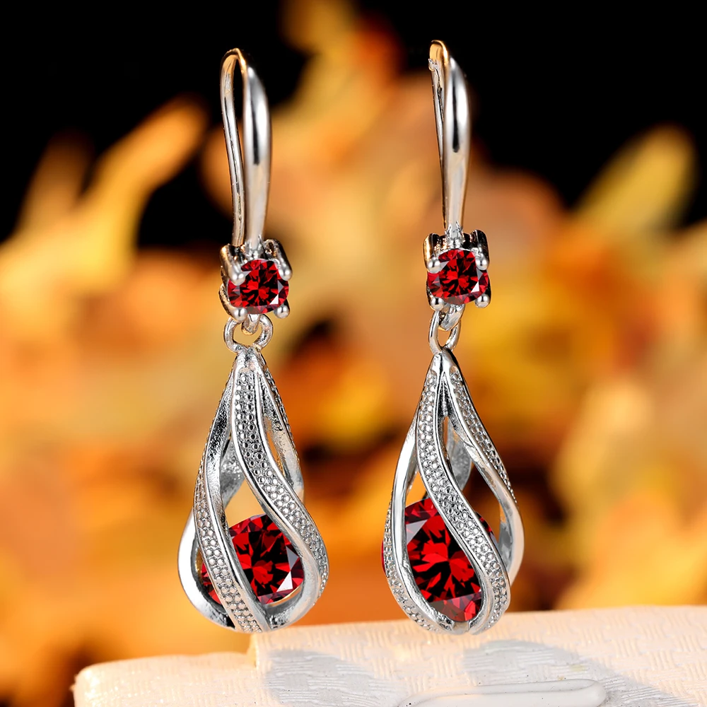 Cute Female Red Zircon Stone Water Drop Dangle Earrings For Women Silver Color Vintage Bridal Wedding Engagement Jewelry