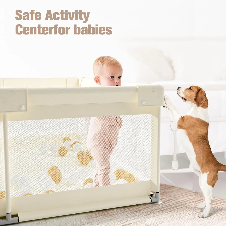 روضة أطفال بيج مقاس 59 × 59 بوصة، روضة أطفال للأطفال الصغار، قلم لعب للأطفال، ساحة لعب للرضع مع بوابة (بدون حصيرة) #4