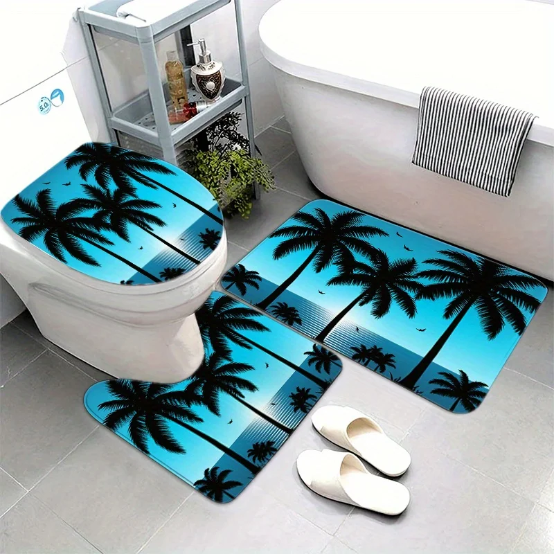 

3pcs Tropical Style Palm Tree Bathroom Mat Set, including Toilet Seat Cover, Toilet U-shaped Mat, and Floor Mat - Made of Soft