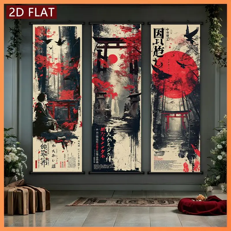 VIKAMA Vintage Japanese Wall Hanging Torii Gate Maple Forest Scroll Art For Bedroom Study Oriental Background Home Decor