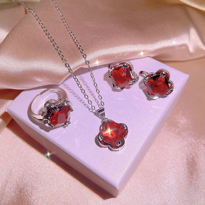 Exquisite silver 925 classic inlaid red gemstone flowers Jewelry sets Luxury Three Piece Earrings for Women Ring Necklace