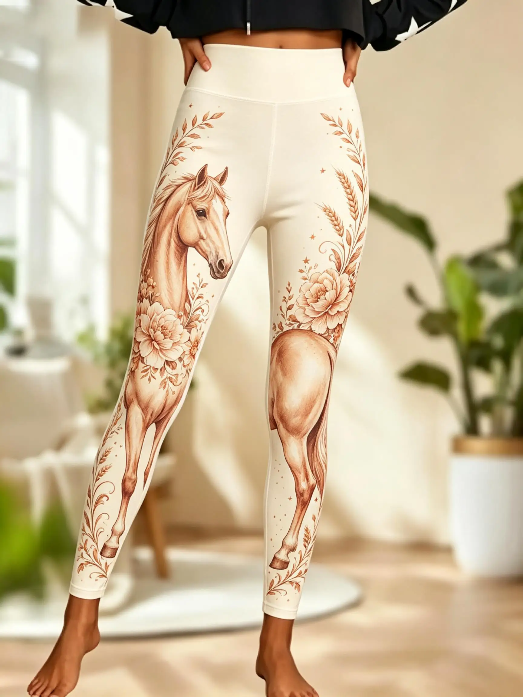 Women Fleece‑lined Mid‑rise Leggings Vintage Watercolor Horse Equine Floral Foliage Side‑leg Print Slim Stretch  Casual Pants