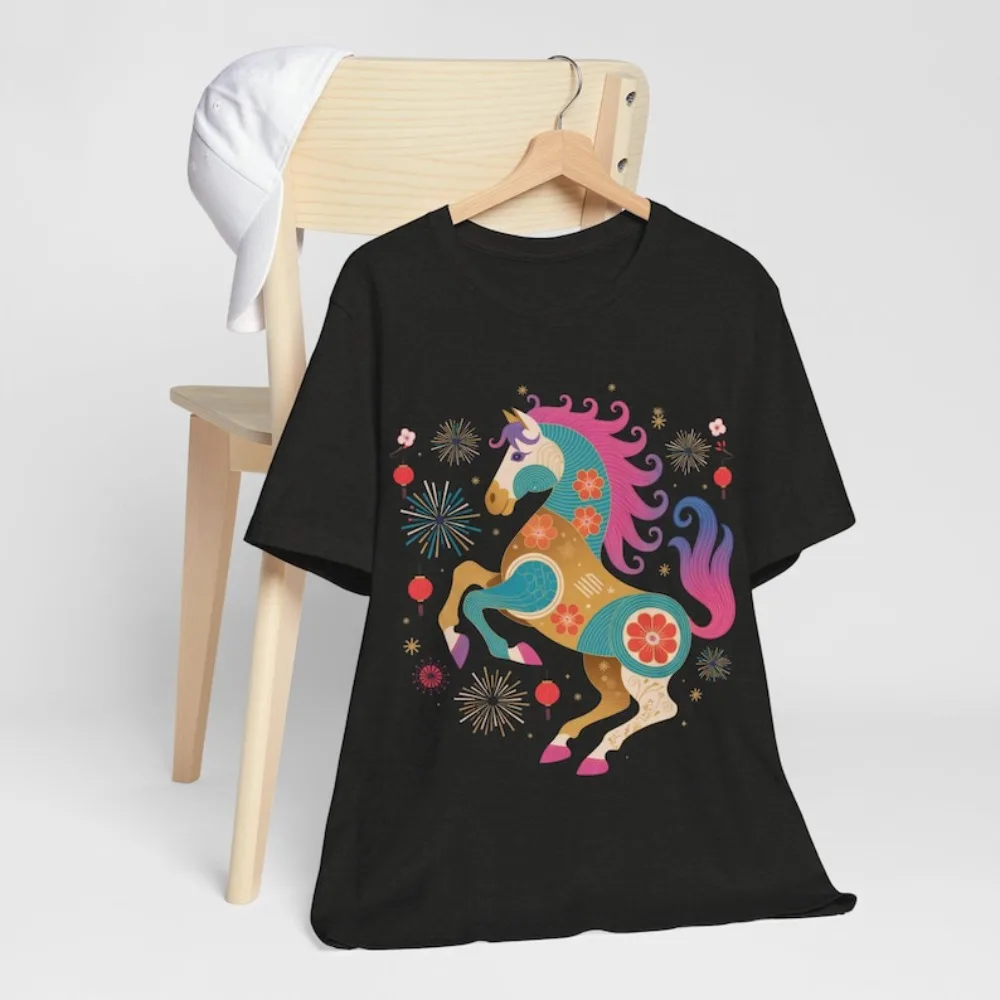 Colorful Horse Shirt 2026 Asian Style New Year Tee Lunar Zodiac Horse T-Shirt Unisex Fantasy Horse Tops Happy New Year Women Tee