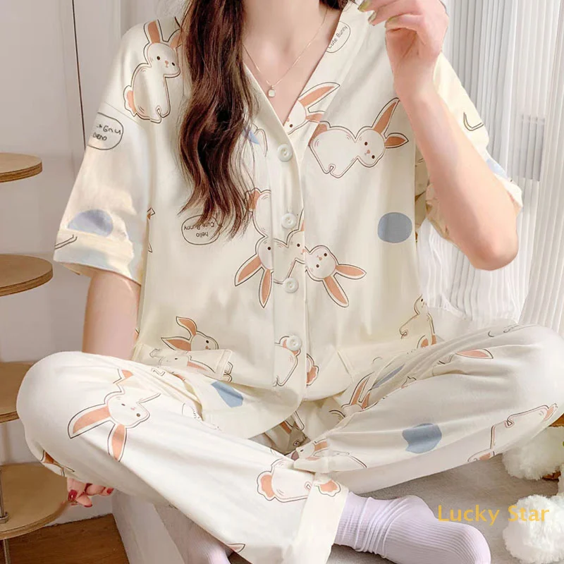 

Ladies Pajamas Summer New Style Round Neck Short Sleeve Thin Style Sweet Girl Women Simple Casual Home Wear Suit