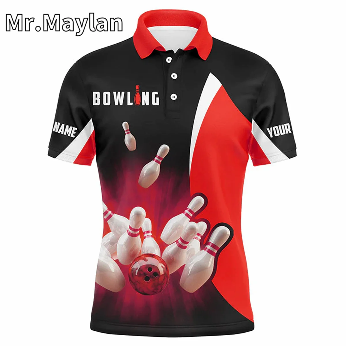 3D Custom Name Bowling Sport Shirts Retro Black And Red Bowling Polo Shirts For Men Bowling team jerseys Outfit Unisex Tee Tops