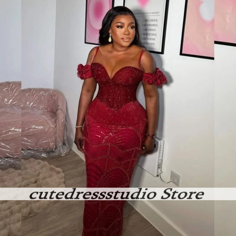 

African Sequin Beaded Off The Shoulder Mermaid Evening Dresses For Women Long Crew Prom Dress Wedding Party Gowns Customized