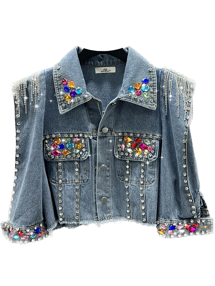 [EWQ] Tassel Rivet Colorful Diamond Denim Jacket Fashion Women Long Sleeve Streetwear Outwears Jackets Coat 2024 Summer New  Top