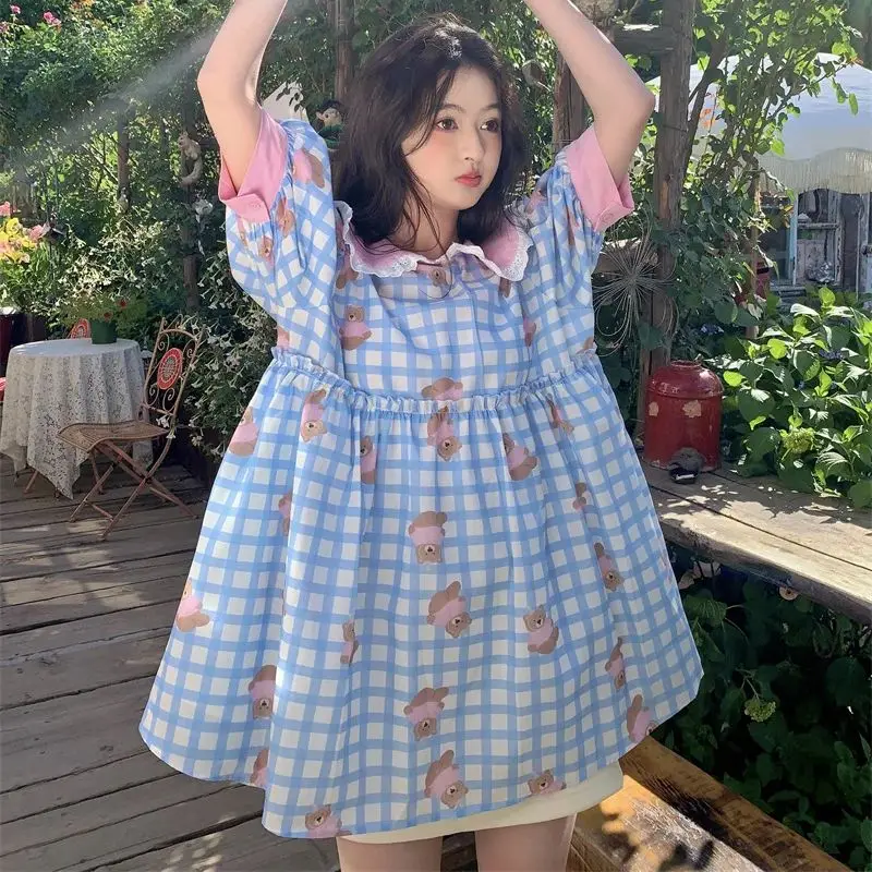 

Sweet and Cute Printed Color Contrasting Doll Neck Loose Short Lady Dress Pink Peter Pan Collar Blue White Plaid Maternity Dress