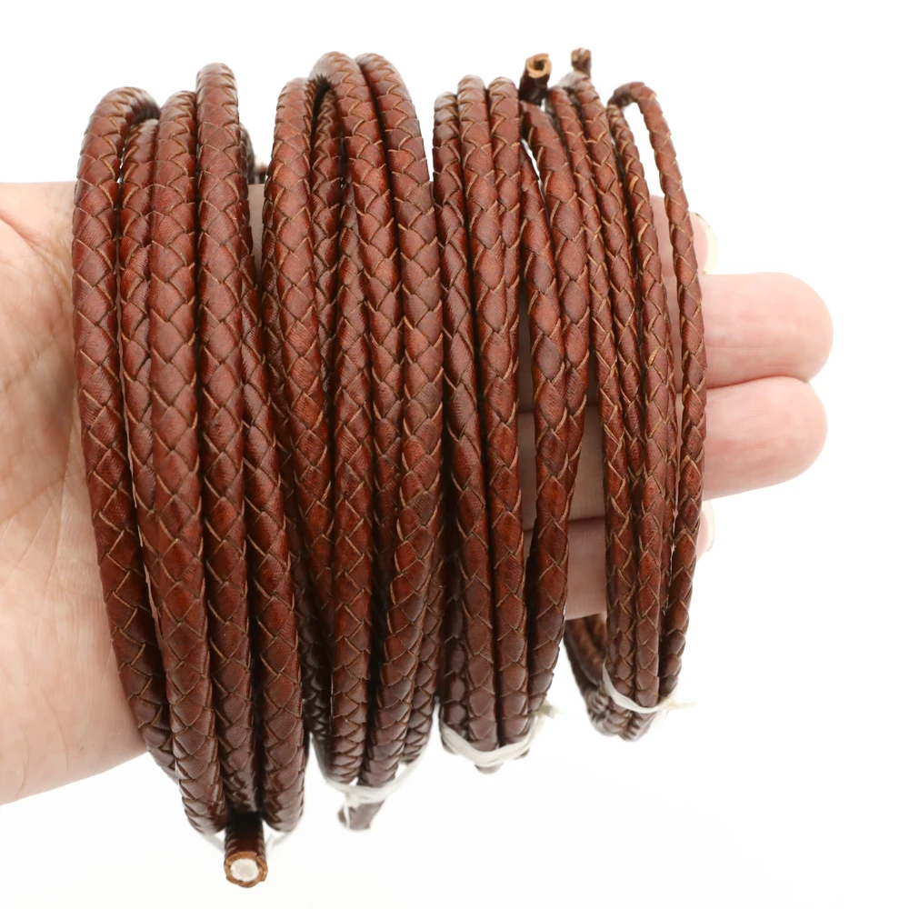 2 Meters Round Braided Real Leather Cord 3/4/5/6mm Diameter, Genuine Leather Rope for Men’s Bracelet & Necklace DIY Findings