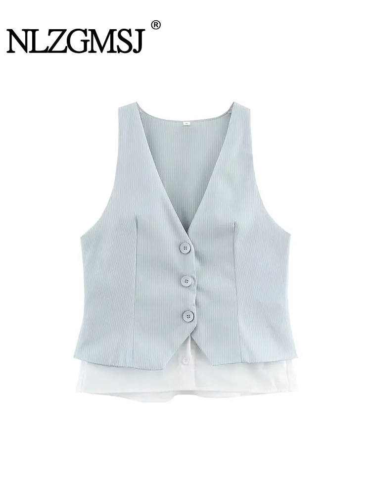 

Elegant Chic Women Tops Splicing Sleeveless V-Neck Vest Fashion 2025 Summer Office Lady Top