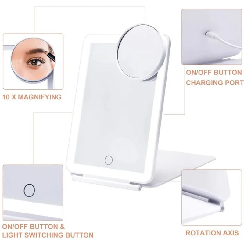 LED Makeup Mirrors Portable Folding Mirrors Touch Screen Vanity Mirror Three Colors Light Modes Travelling Dressing Table Mirror