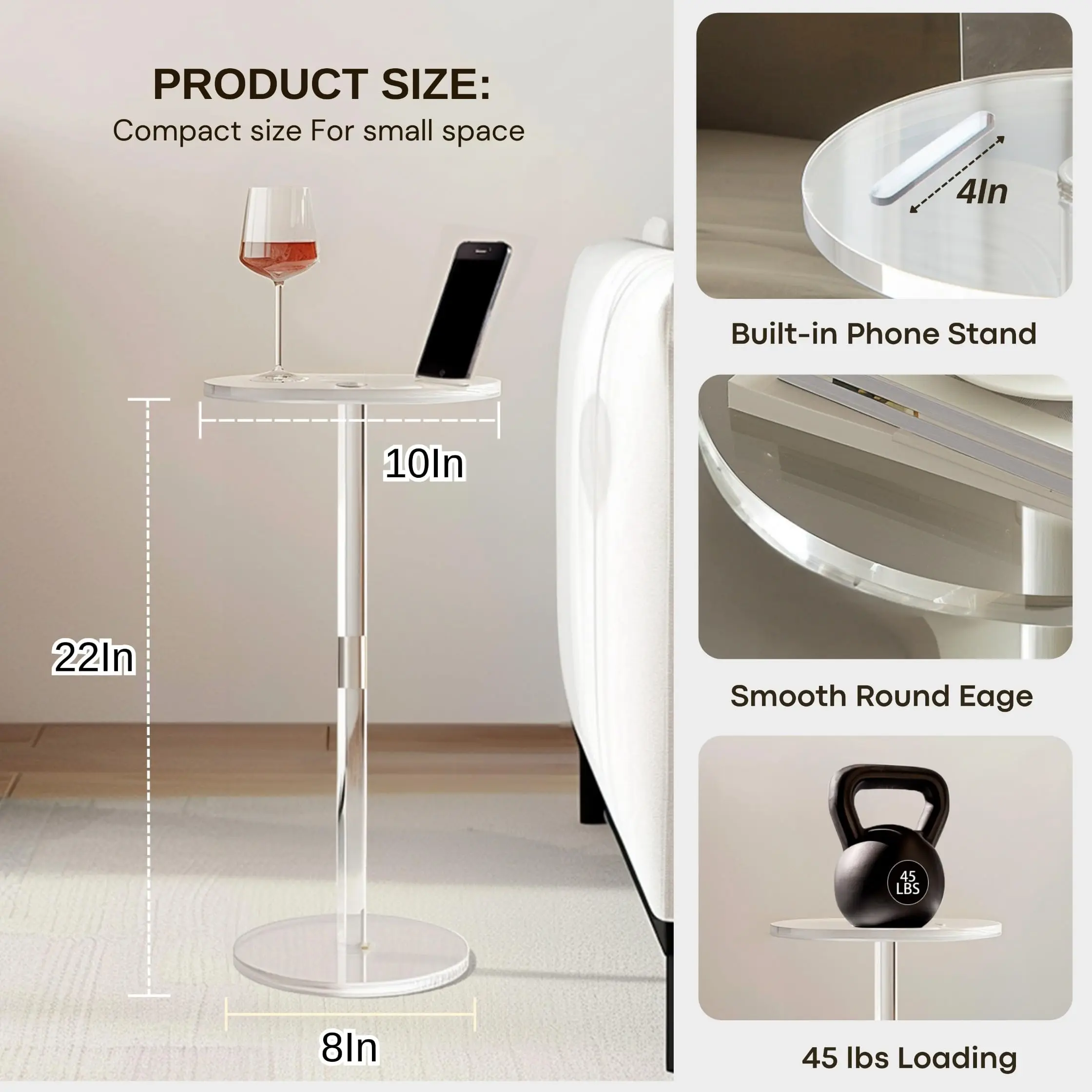 Factory Wholesale Multi-Use With Phone Holder Small Round Side Table for Space Acrylic Coffee Tables for Living Room Furniture