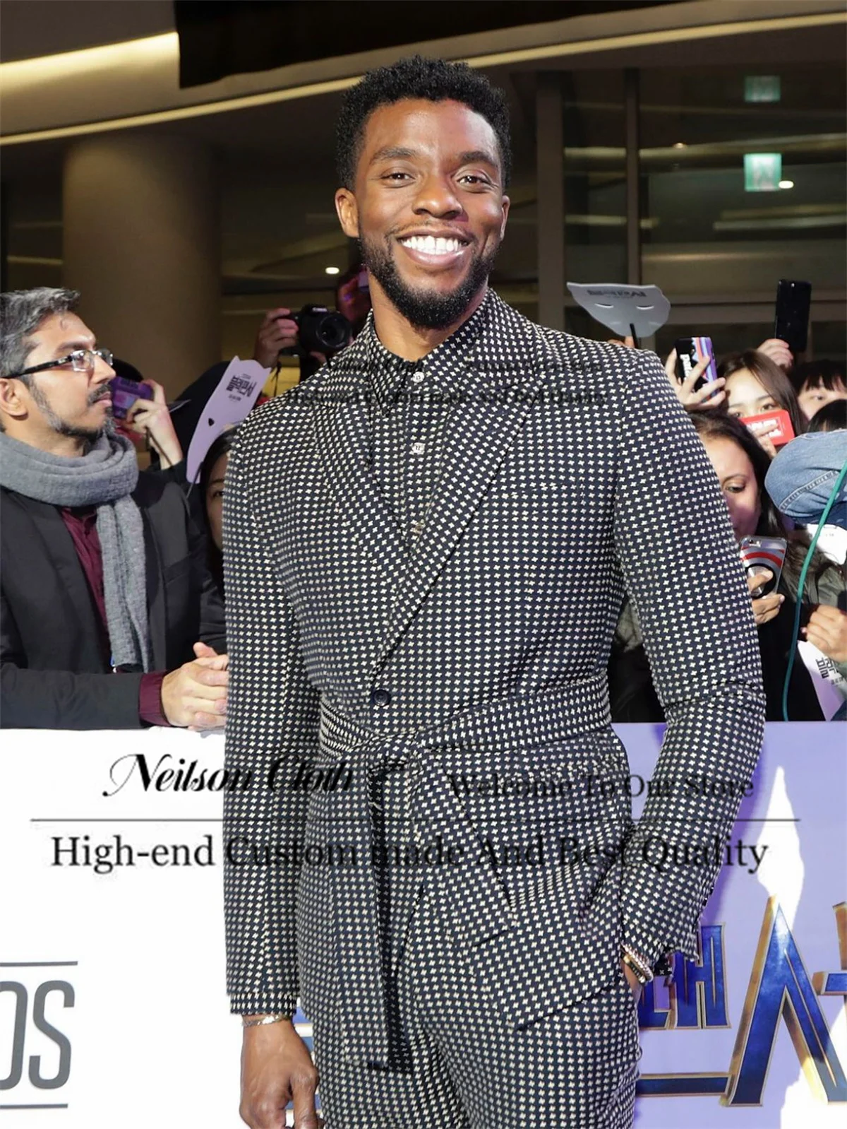 

Houndstooth Male Prom Blazers 2 Pieces Sets With Belt Groom Wedding Tuxedos Business Customized Peaked Lapel Terno Masculino