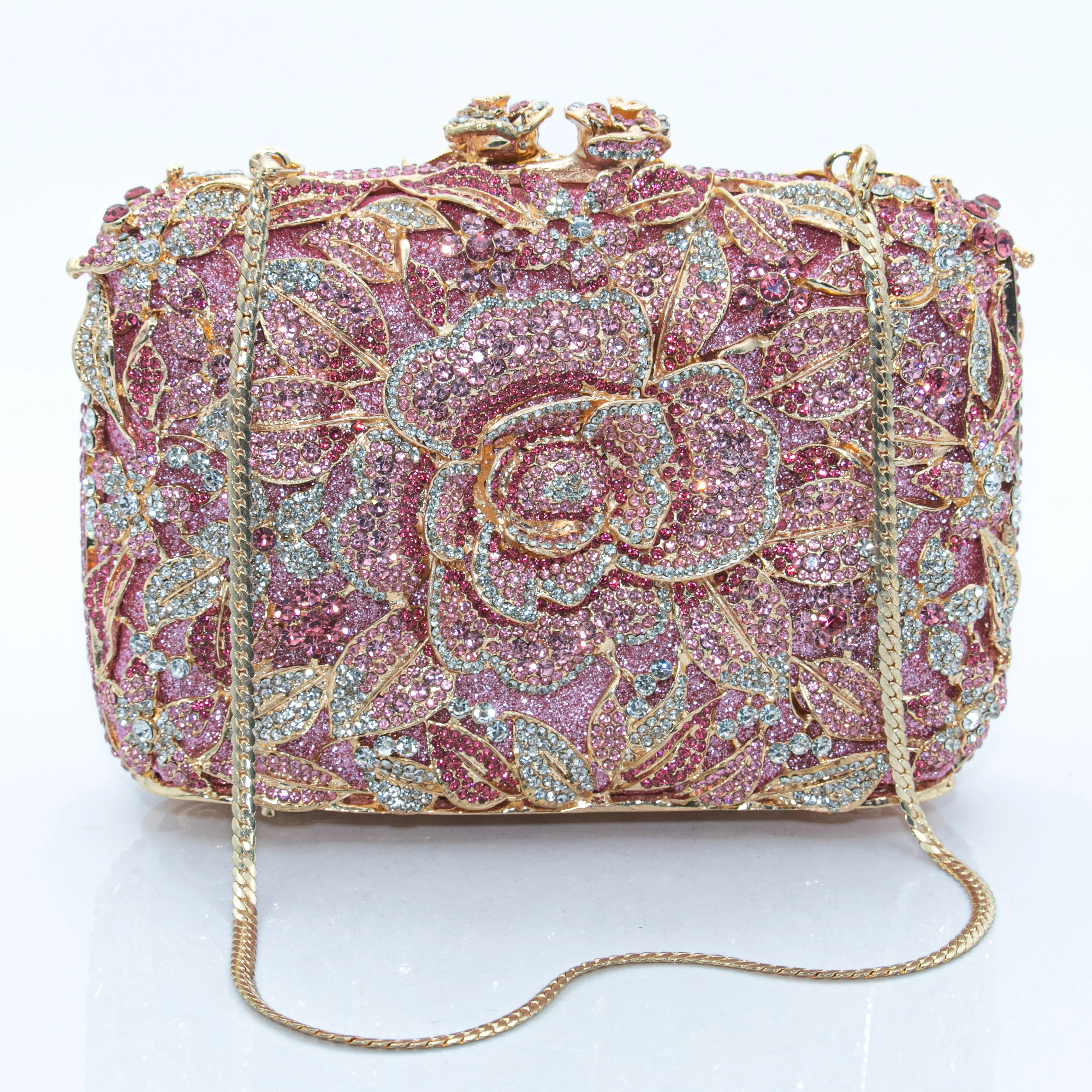 Women Pink Crystal Rose Clutch Bag Luxury Rhinestone Floral Evening Handbag Wedding Party Bridal Hard Box Purse