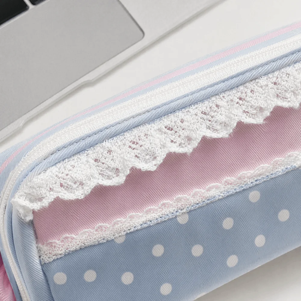 Kawaii Pink Blue Pencil Case Polka Dot Design Large Capacity Pencil Pouch Pen Bag Students