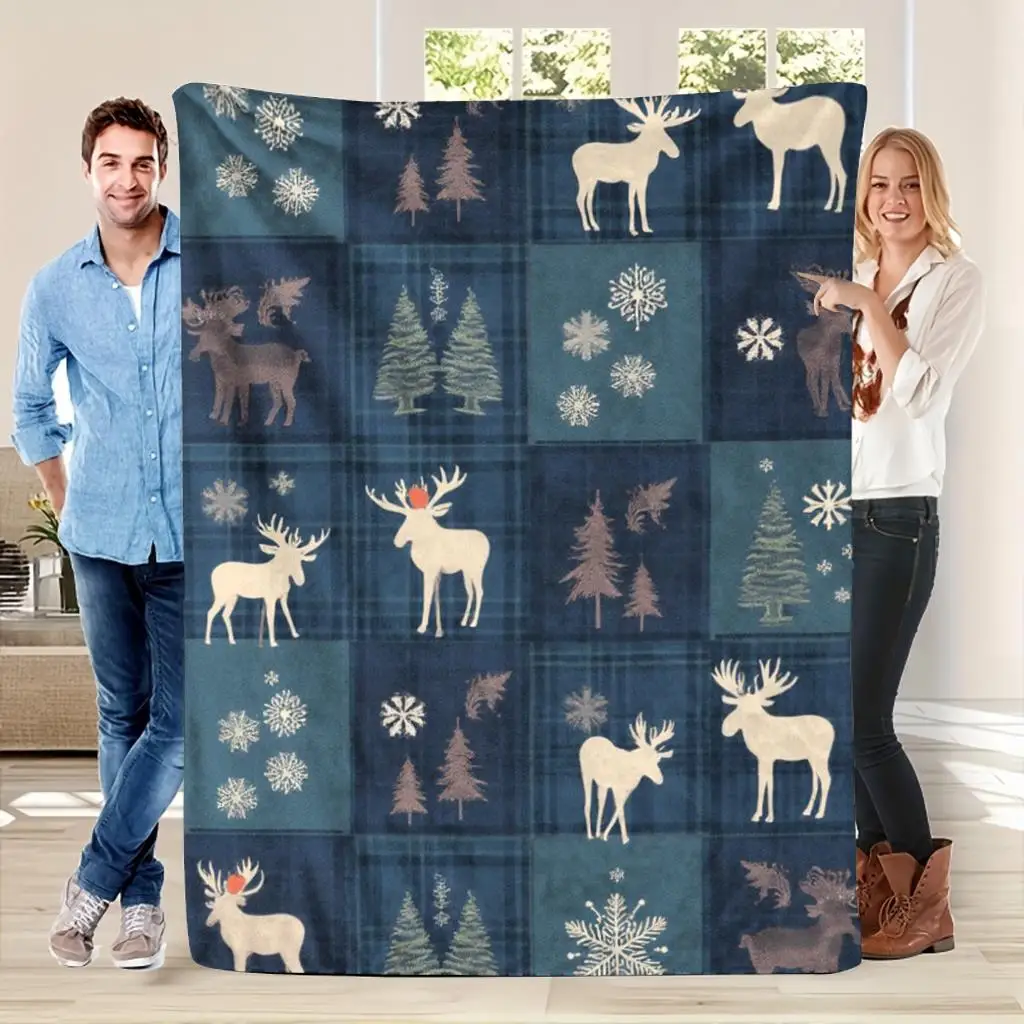 Winter Forest Deer Christmas Blanket Throw 150x200cm Navy Plaid Woodland Holiday Flannel Cozy Decor