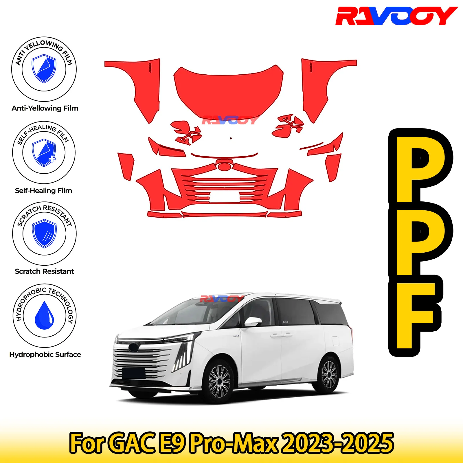 ل GAC E9 Pro-Max 2023-2025 لامع أسود غير لامع Precut الجبهة PPF عدة طبقة حماية الطلاء