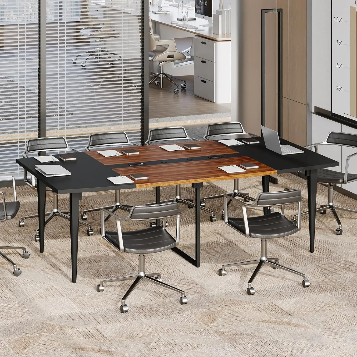 

8FT Conference Table with Power Hubs, Large Meeting Table for 8-10 People, Sturdy Metal Legs, 2 Cable Grommets,, Customized