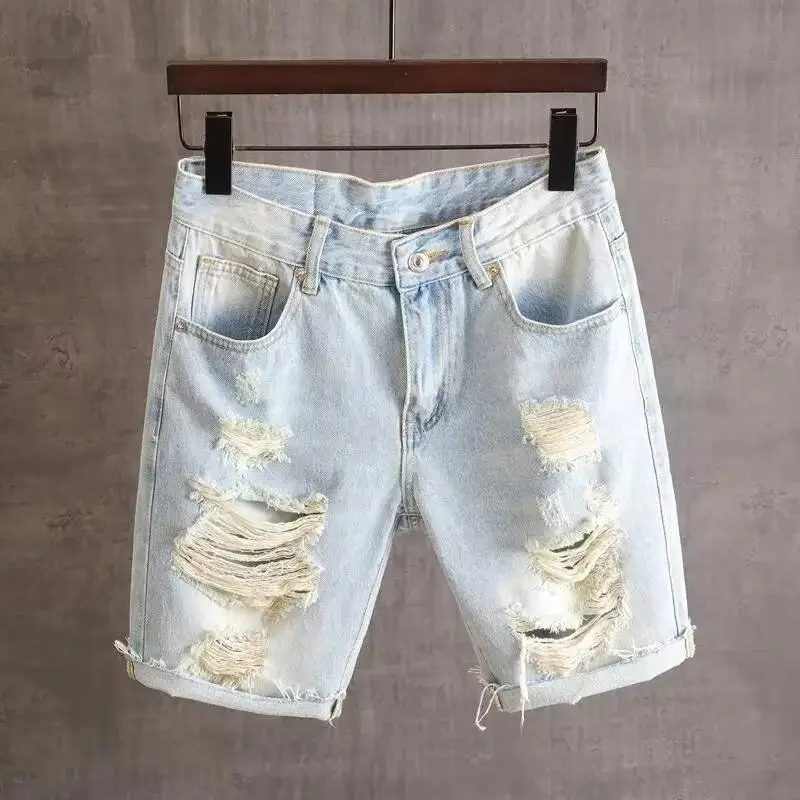 

Летние тонкие светлые рваные джинсовые шорты для мужчин, брендовые, свободные, прямые, с эффектом потертости, в стиле ретро, средней длины, уличная одежда