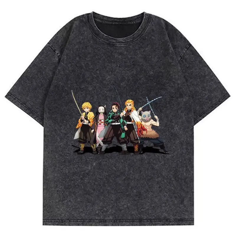 Demon Slayer Anime Charcoal Shirou Short Sleeve Cotton Men and Women Doing Old Washed Summer Retro Loose T-shirt Casual