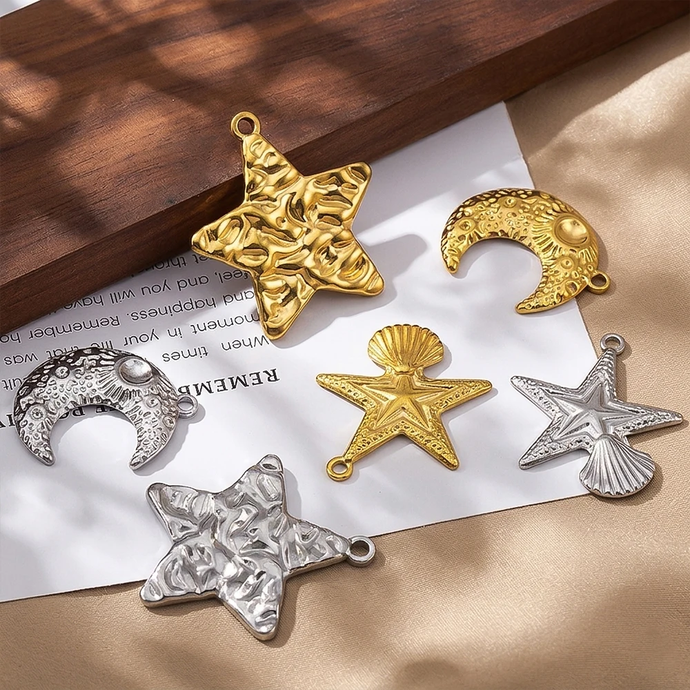 304 Stainless Steel 18K Gold Star and Moon Pendant, Ocean Series DIY Cross-Border Necklace Creative Jewelry Accessories