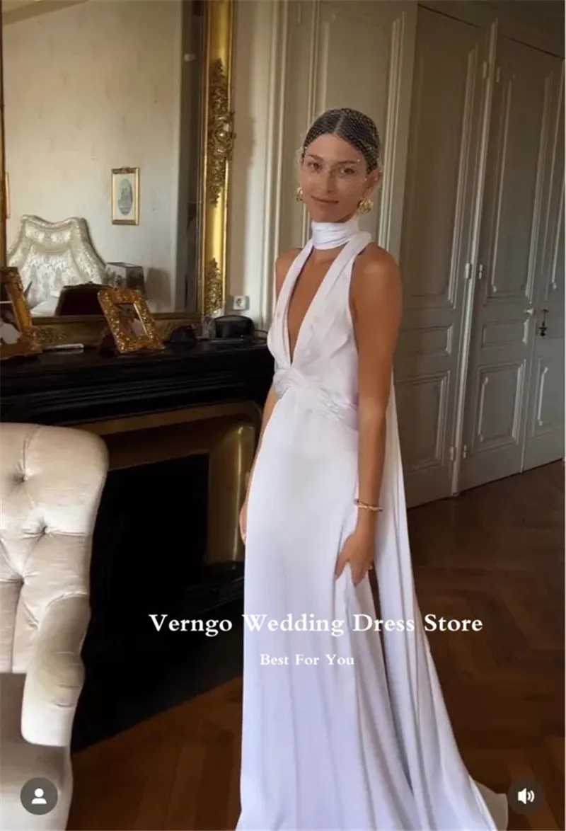 

Verngo White Satin Evening Dress Beach White Prom Gown Halter V Neck Floor Length Formal Party Dress Customized