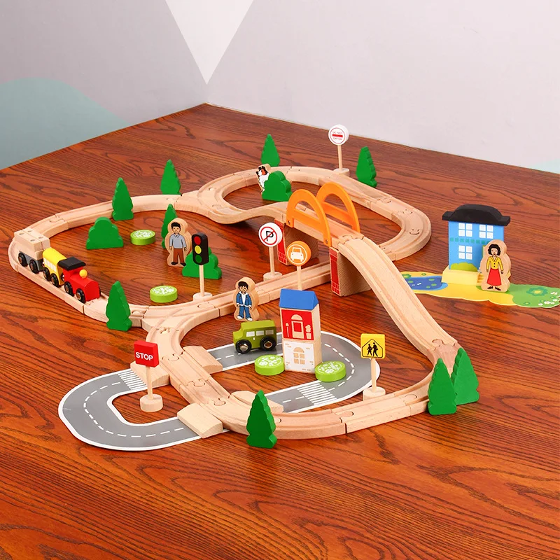 78 pieces of wooden train track toys compatible with wooden BR train track children\'s complete set of educational toys PD35