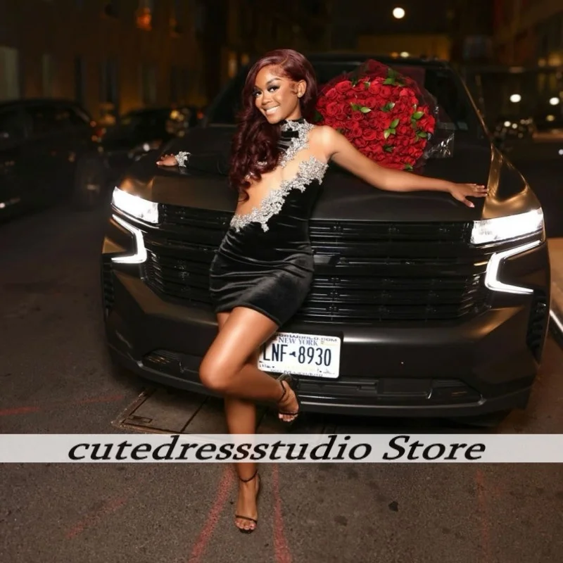 

Luxury Black Velvet One Shoulder Mini Birthday Dresses For African Girls High Neck Applique Cocktail Dress Prom Gowns Customized