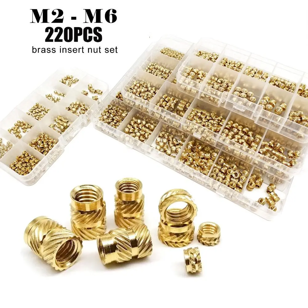 220Pcs M2 M2.5 M3 M4 M5 M6 Brass Heat Set Insert Nuts High Temperature Resistance Precision Machined Knurled Threaded Inserts