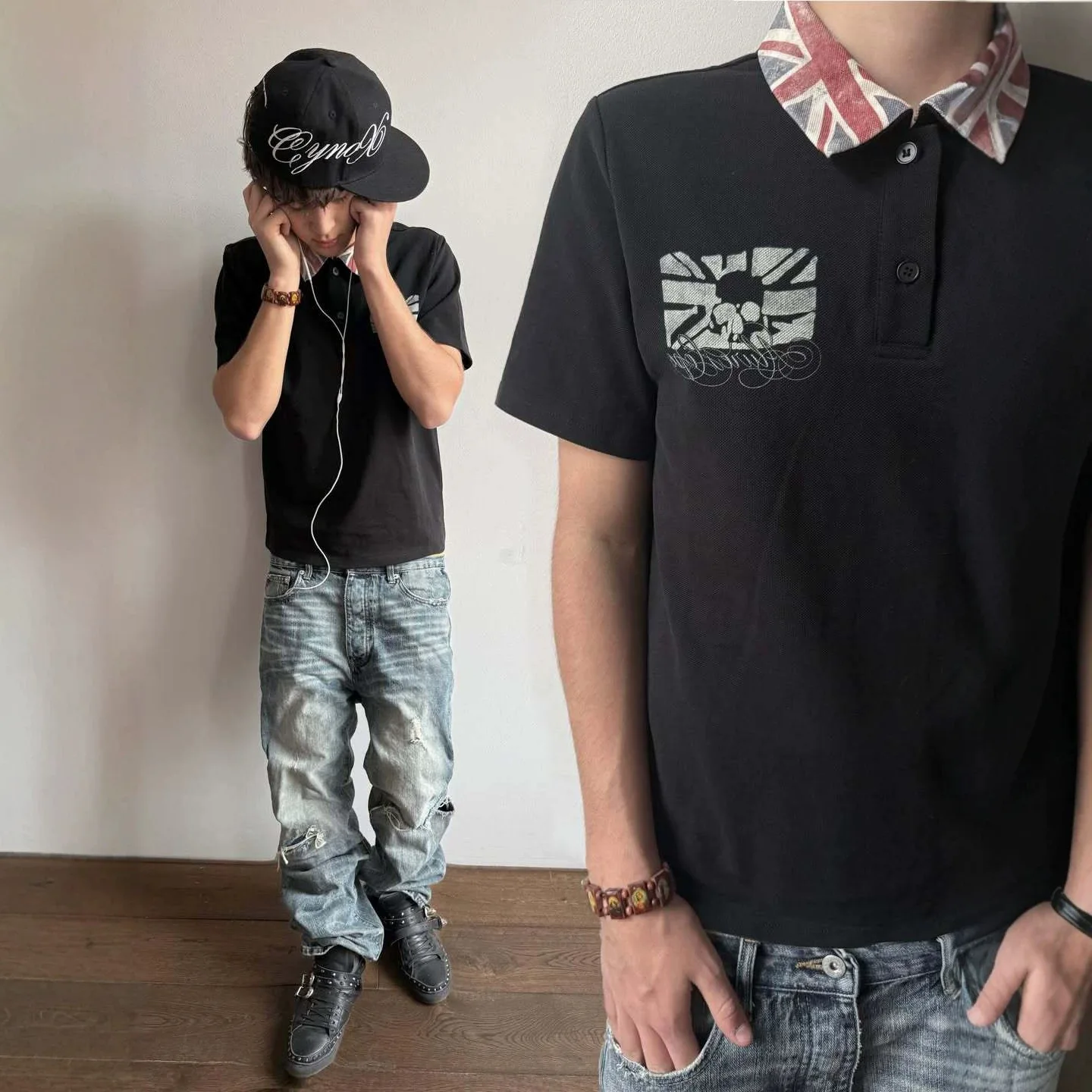 Men Vintage Union Jack Collar Polo Shirt, Skull UK Flag Graphic Print Black Short Sleeve Y2K Streetwear Top