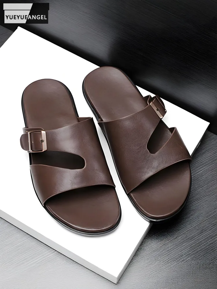 Casual Slippers New Summer Men Cowskin Genuine Leather Beach Shoes Retro Hollow Out Breathable Buckle Mens Open Toe Flat Slides